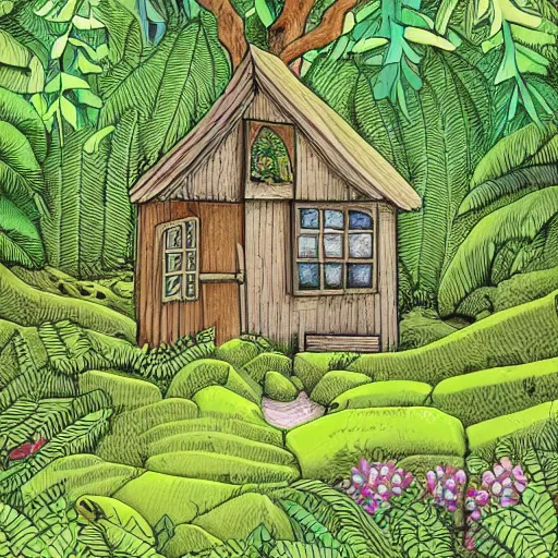 Prompt: A cartoon illustration of an overgrown house in a lush forest, detailed, depth