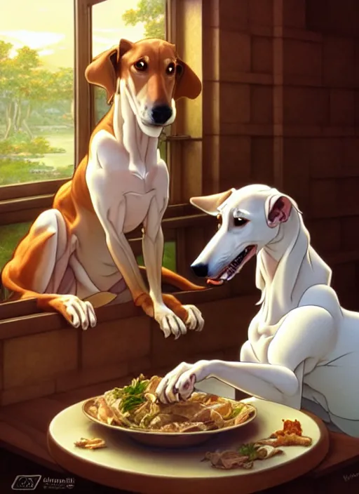 Prompt: white brown greyhound stealing food, natural lighting, path traced, highly detailed, high quality, digital painting, by don bluth and ross tran and studio ghibli and alphonse mucha, artgerm