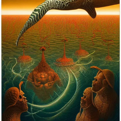 Image similar to sirens of the red sea by jacek yerka, alex gray, zdzisław beksiński, dariusz zawadzki, jeffrey smith and h.r. giger, oil on canvas, 8k highly professionally detailed, trending on artstation