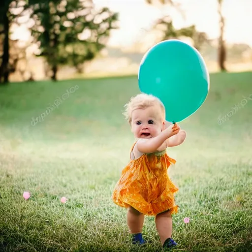 Prompt: beautiful cute happy toddler, sunken dark blue eyes, short golden curls holding a green balloon, high-detail, sunny, price winning photography