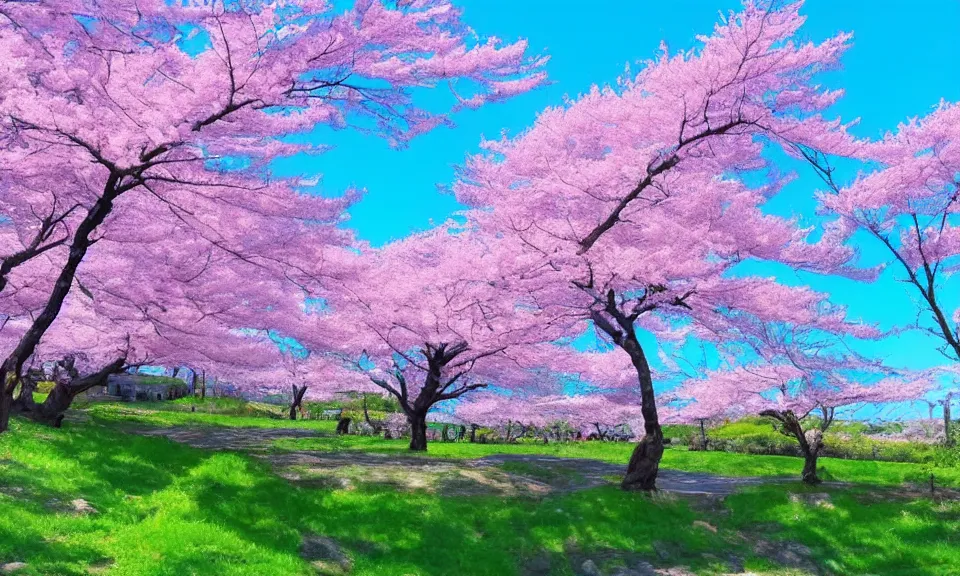 Image similar to a beautiful landscape, cherry trees, blue sky, anime style