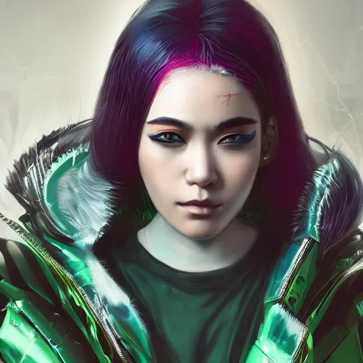 Prompt: young Asian Cyberpunk woman with green hair standing in front of a city, Close up portrait, wearing a leather jacket, hyperdetailed, artstation, cgsociety, 8k