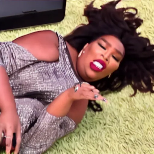 Image similar to local news broadcast of lizzo lying on the floor during a live broadcast