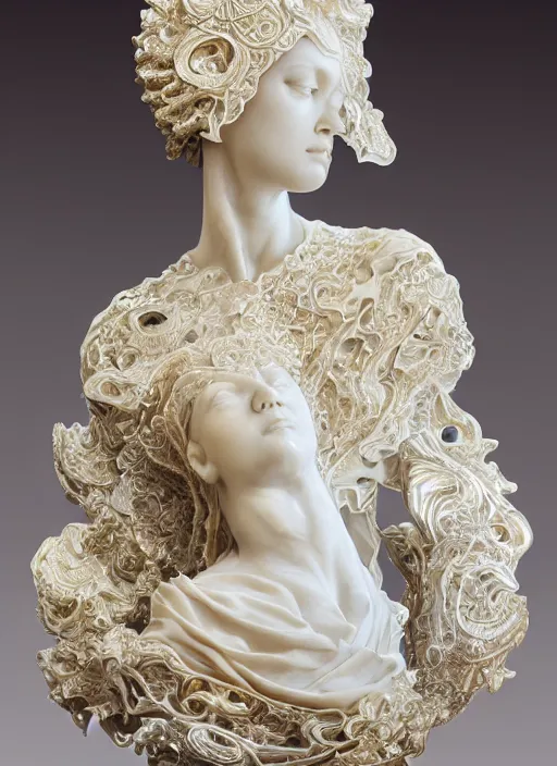 Image similar to romantic marble sculpture of beautiful woman, glistening, mandelbulb, masterpiece, rodin, michelangelo, hypercube, ivory carving, fractal paisley inlay, lace, intricate, elegant, highly detailed, gold inlay, metallic, ivory, artgerm, lace, by ruan jia and greg rutkowski