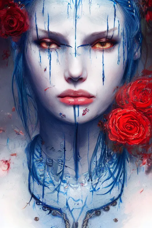 Image similar to portrait of beautiful young maiden, warhammer, cyber style, more and more cyberpunk, a lot of more scars, more and more flowers, blue head, some red water, the middle ages, highly detailed, artstation, illustration, artgerm sylvari portrait, 8 k quality, art by alfred kubin