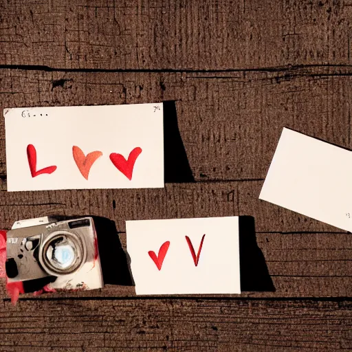 Prompt: instant photograph of love letters on a dark wood table, polaroid, light leak, depth of field