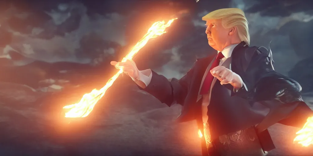 Prompt: donald trump as a beautiful elven princes casting a fireball anime style, moody lighting, octane render