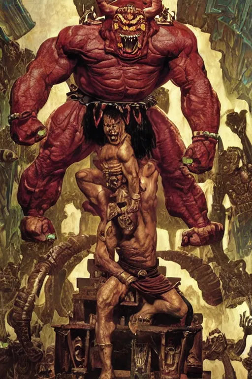 Image similar to hulking brute mayan demon on throne, by alex ross and jack kirby and sergey kolesov and jason fabok and lawrence alma tadema and norman rockwell and greg staples and rick berry and jeremy man