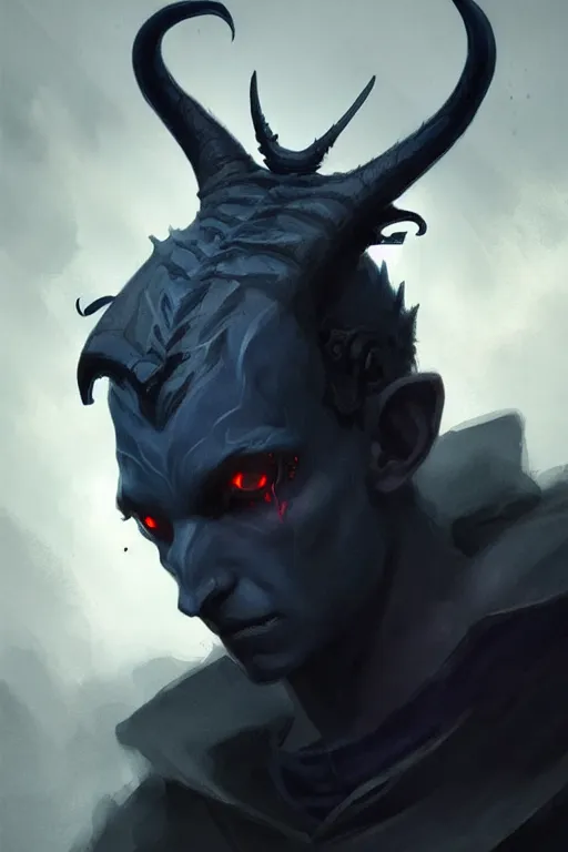 Image similar to sad dark blue tiefling boy with horns and dark hair and pitch black hollow eyes by Greg Rutkowski