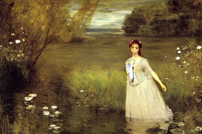 Prompt: a virtuosic portrait of a beautiful young girl, floating within the dark waters of a river surrounded by high green grass and many fine flowers, drowned, with closed eyes, wearing a nicely crafted antique dress, by sir john everett millais, realistic, hyperdetailed, ethereal, sad, masterpiece, oil painting