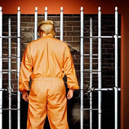 Prompt: donald trump in a prison cell wearing prison jumpsuit, photography, 4k