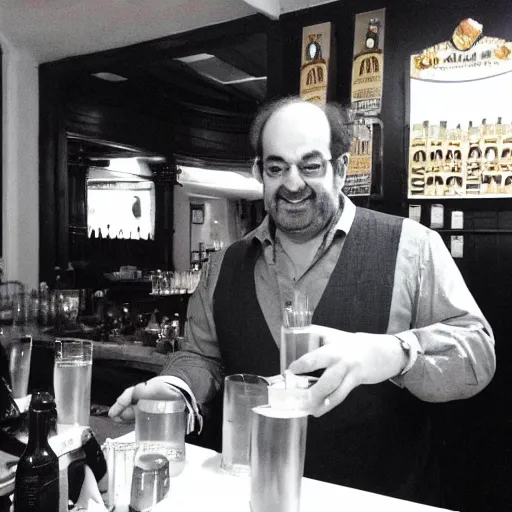 Image similar to salman rushdie pouring pints at his local