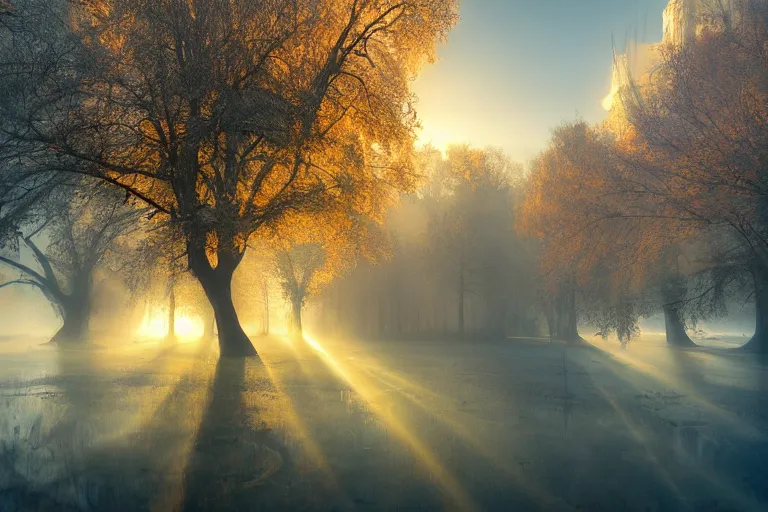 Image similar to landscape photography of bucharest by marc adamus, morning, mist, rays of light, beautiful