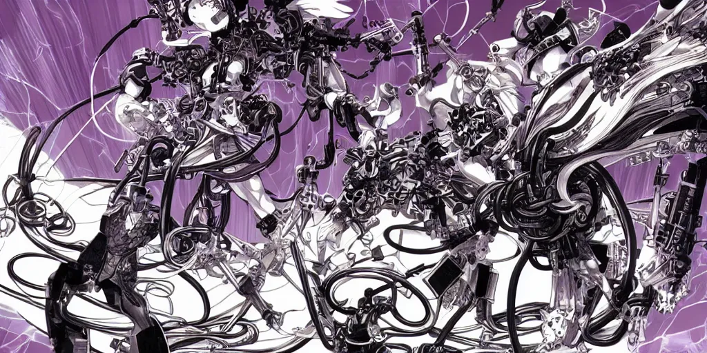 Image similar to mechanical baphomet, cables, virtual reality, AI, by Kazuma Kaneko, by Masamune Shirow, H 576