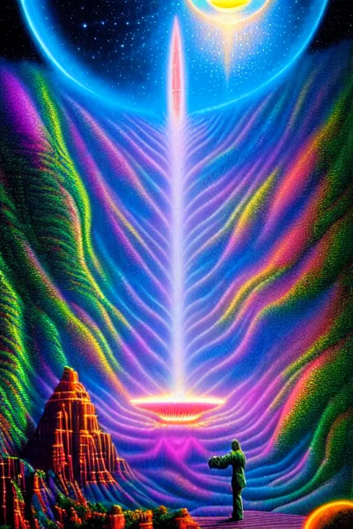 Prompt: a photorealistic detailed image of a beautiful vibrant iridescent visionary future for human evolution, spiritual science, sacred divinity, utopian, mankind at night by david a. hardy, kinkade, lisa frank, wpa, public works mural, socialist