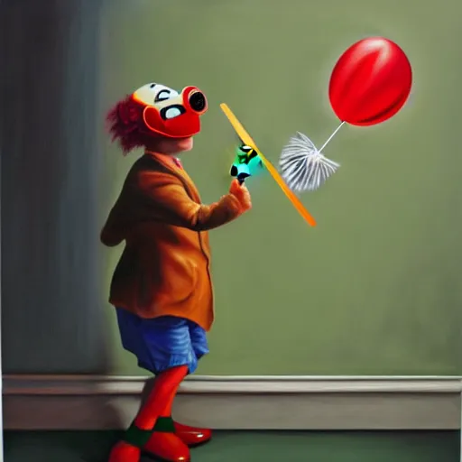 Image similar to hyperrealism painting from the housefly perspective getting swatted at from an angry clown man with a fly swatter in the kitchen