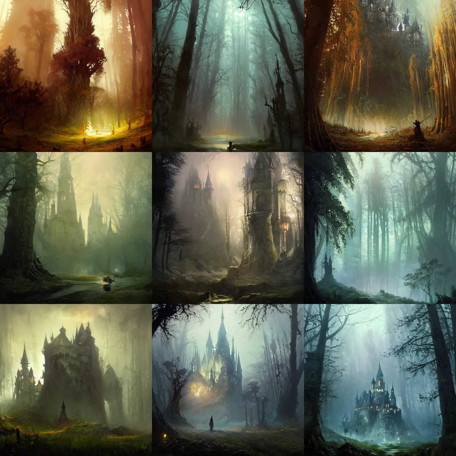 Prompt: a strange, eastern european fairy land, with ancient woods and a black castle. long shot, lumnious, magical, atmospheric, fantasy concept art, backlighting, by greg rutkowski *, martin mottet, maya takamura, and william turner