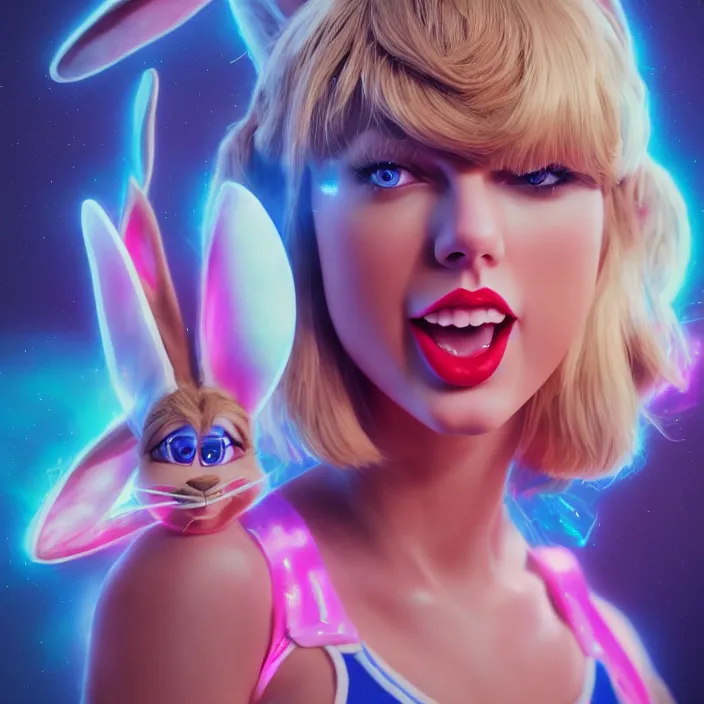 Image similar to portrait of Taylor Swift as Lola Bunny in Space Jam 1996. bunny ears. HD. intricate artwork. by Tooth Wu, wlop, beeple, dan mumford. octane render, trending on artstation, greg rutkowski very coherent symmetrical artwork. cinematic, hyper realism, high detail, octane render, 8k, iridescent accents