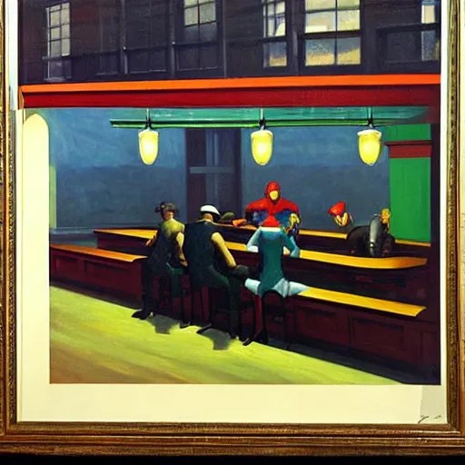 Image similar to 1942 oil on canvas painting by Edward Hopper, Nighthawks, Marvel Superheros