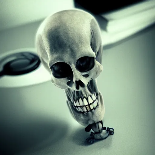Image similar to bored skeleton, tired of his office work. realistic, ray tracing, renderr 3 d, artstation, masterpiece, hyper realism, sharp focus, dramatic light,