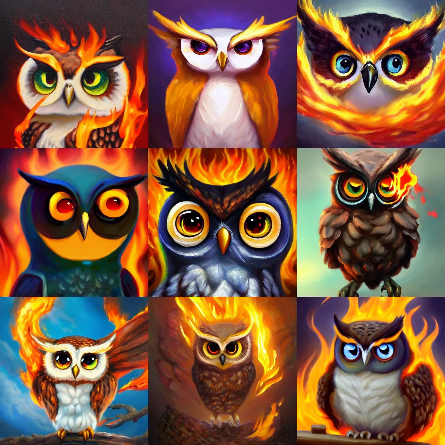 Prompt: full shot,a oil painting of cute owl Pokémon with big eyes made of flame,trending on artstation,High detail