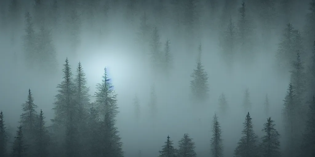 Image similar to moonlit night, forested mountains, cold light, dense forest, overhead view, fog, 2 d disney cartoon style