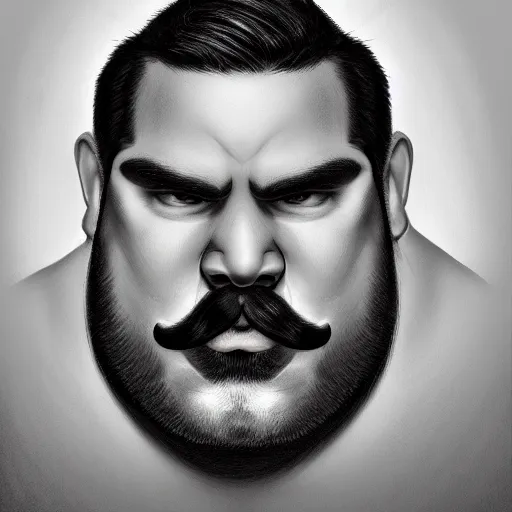 Image similar to face portrait a big beefy man with a large face, thick dark hair, a bushy black moustache, with hardly any neck and mean little eyes, highly detailed, digital art, sharp focus, trending on art station, charcoal drawing