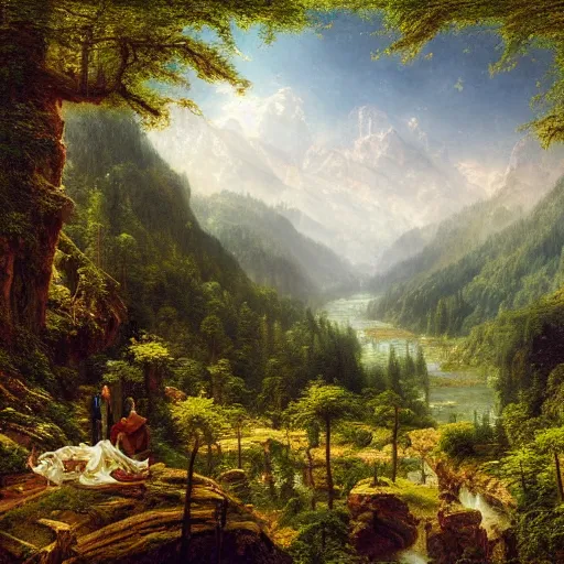 Image similar to a beautiful and highly detailed matte painting of a dreamy valley deep in the foresty mountains, epic forests, rivers, trees, flowers, crystals, intricate details, epic scale, insanely complex, 8 k, sharp focus, hyperrealism, very realistic, by caspar friedrich, albert bierstadt, james gurney, brian froud,