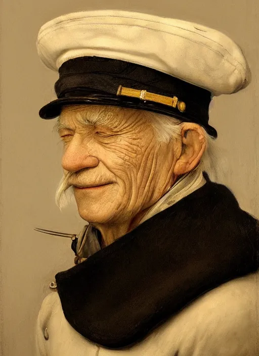 Prompt: portrait of a very old sailor with white hair and captain's hat, asleep, detailed realism face in painting, detailed beautiful portrait, oil painting masterpiece, 8 k resolution, smooth, sharp focus, trending on artstation, by rembrandt