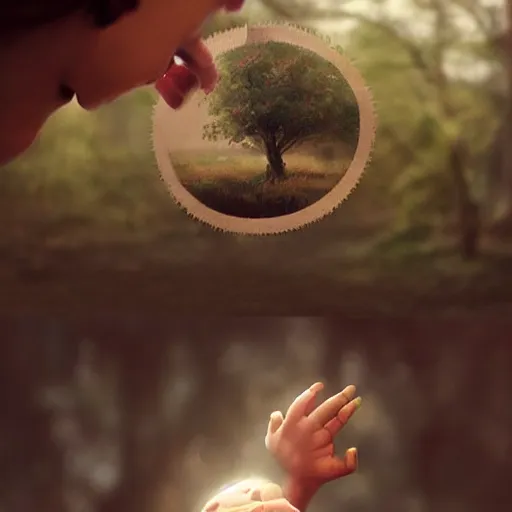 Image similar to close up of child's hand attaching a circle - shaped sticker to a tree, digital art by ruan jia and mandy jurgens and artgerm, highly detailed, trending on artstation, award winning