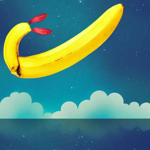 Image similar to friendly ripe smiling banana in a boat, background iridescent clouds