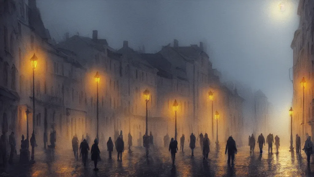 Prompt: dim sun over a crowd of people on street of the old town with houses in the windows of which the light is on. early morning, fog on ground, wet street. mike barr painting. volumetric light, dull colors, dark, noir arthouse, 3 5 mm, hight detalied, hd, 4 k