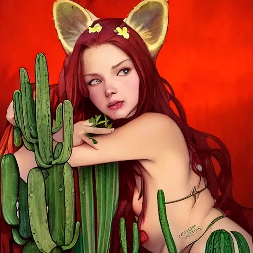 Image similar to A red-haired girl with fox ears and an evil grin in orange bikini holds a cactus artwork of a single character, highly detailed, digital painting, artstation, smooth, sharp focus, illustration, art by artgerm and greg rutkowski and alphonse mucha