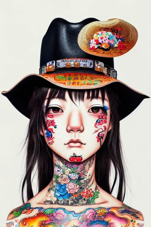 Image similar to full view of cowboy girl from taiwan with tattoos, wearing a cowboy hat, style of yoshii chie and hikari shimoda and martine johanna, highly detailed