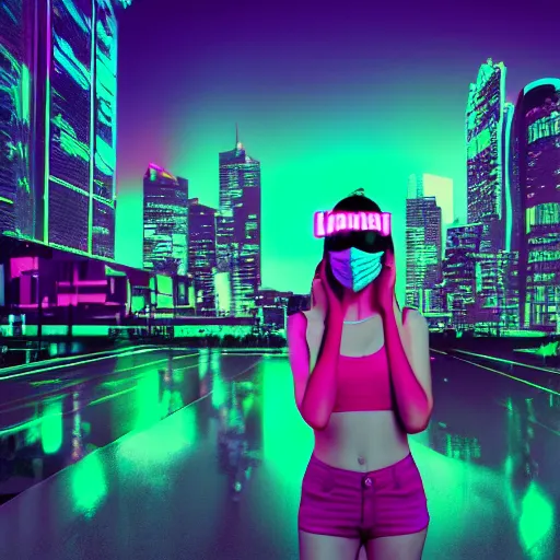 Prompt: girl with neon mask in a retrowave cityscape, 4 k, fhd, - w 9 6 0