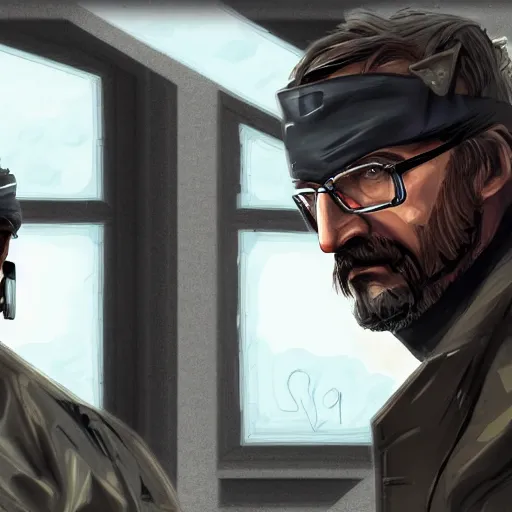 Prompt: Solid Snake from MGS and Gordon Freeman from Half-Life fight on an abandoned military base, winter, very detailed, hyper realism, epic, close-up fight, digital art, concept art, illustration, artstation, cgi, 4k