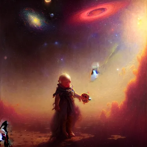 Image similar to a lonley and gloomy baby in middle of space surrounded by colorful stars planets and galaxies, high detail, by gaston bussiere, bayard wu, greg rutkowski, odd nerdrum, maxim verehin, dan dos santos, masterpiece, sharp focus, cinematic lightning