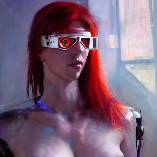 Prompt: red haired female, cyberpunk, wearing futuristic goggle, cyborg ; photorealistic, hyper real, 8 k, high details, detailed painting, epic lighting, by ilya repin, phil hale and kent williams