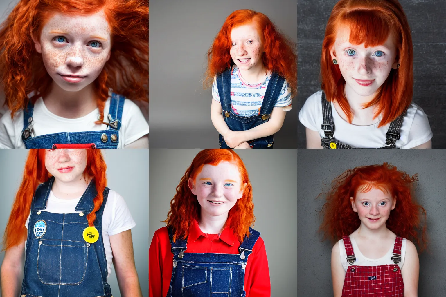 Prompt: A studio quality photograph of a 10 year old red hair girl wearing overalls, freckles, studio quality, studio lighting, award winning,