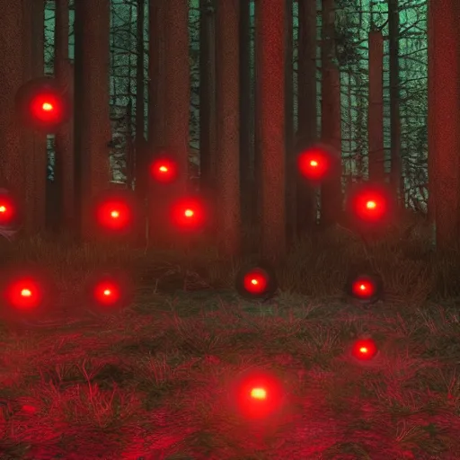 Prompt: An octane render of many pairs of glowing red eyes in a dark forest