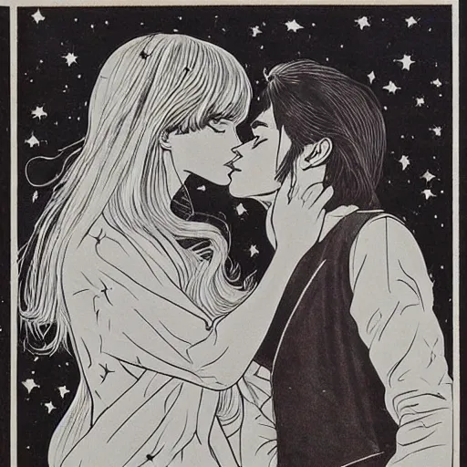 Prompt: 1 9 6 0 s drawing symmetrical pretty elegant brigitte bardot as a vampire kissing alain delon, very detailed intricate!!! intaglio, style of ( takato yamamoto )!!!, moon and stars