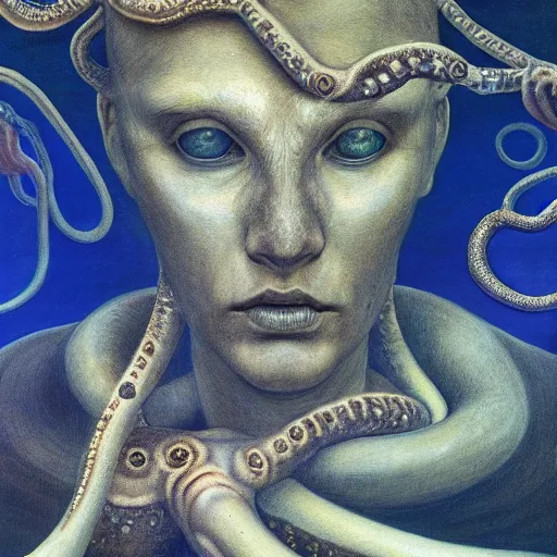 Image similar to eyes, tentacle-enabled underwater human descendant, futuristic painting by jim burns, edward burne-jones, dagon, hd 8k