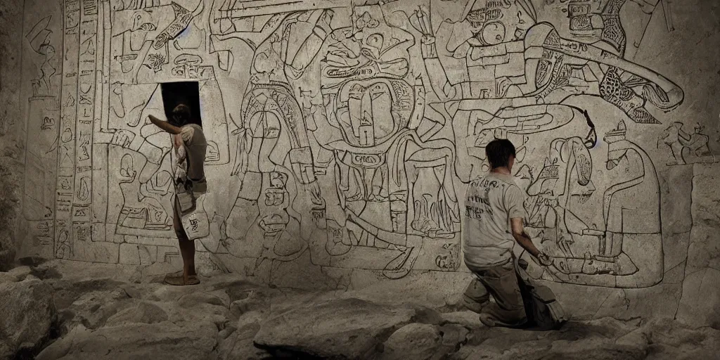 Image similar to pascal votan the space navigator as etched in stone, Mayan hieroglyph by Liam Wong and Boris Vallejo