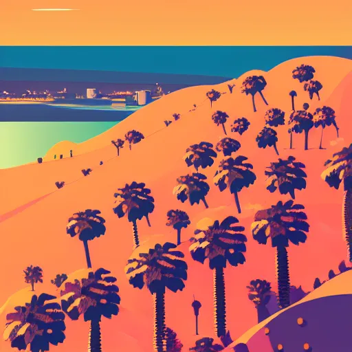 Image similar to a beautiful illustration of palm springs by James gilleard, color olive, color tangerine, artstation HD, geometric lines, HD, 4k, 8k