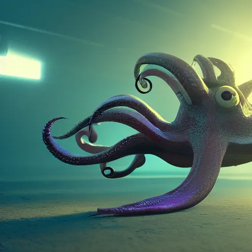 Image similar to a strange bird octopus hybrid creature waiting for the bus, dramatic lighting, 8 k octane render