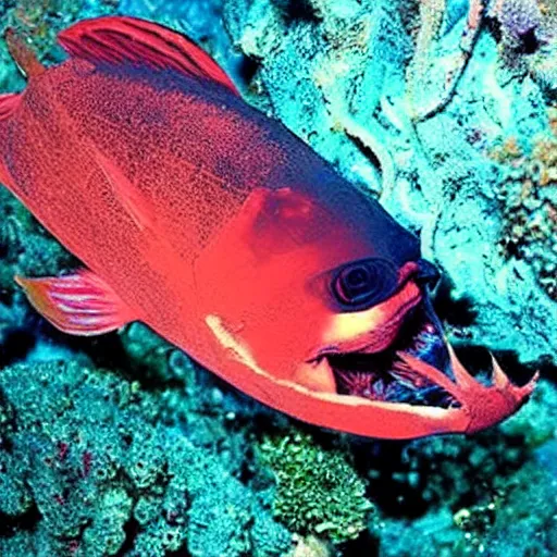 Prompt: photograph of deep sea fish. Terrifying.