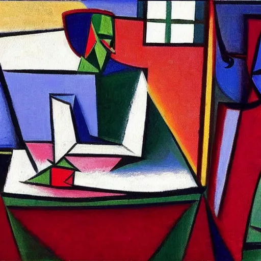 Prompt: It's morning. Sunlight is pouring through the window bathing the face of a man enjoying a red cup of coffee, while looking at a laptop screen. A new day has dawned bringing with it new hopes and aspirations. Painting by Picasso