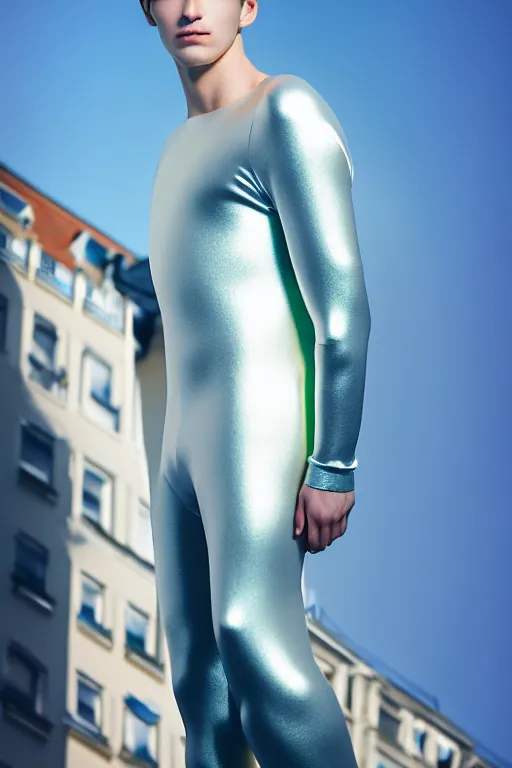 Image similar to un ultra high definition studio quality photographic art portrait of a young man standing on the rooftop of a british apartment building wearing soft baggy inflatable padded silver iridescent pearlescent clothing. three point light. extremely detailed. golden ratio, ray tracing, volumetric light, shallow depth of field. set dressed.