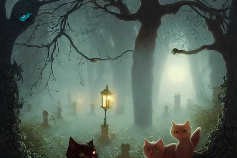 Image similar to casper the friendly ghost flying over a graveyard at midnight, chasing one cat, one interesting owl in a tree, cinestill, painted by james jean and gaston bussiere, very detailed and cute and cozy and transparent, backlight, fog, mist, trending on artstation