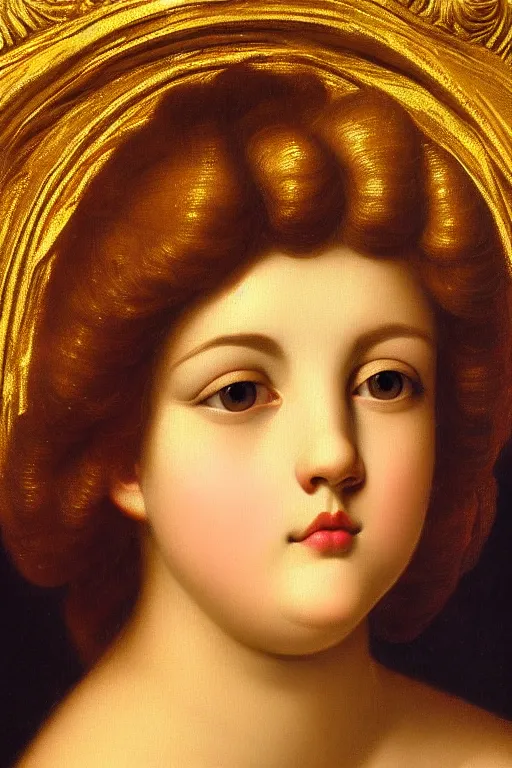 Image similar to Beautiful girl, calm face, closeup, ultra detailed, made in gold, Guido Reni style